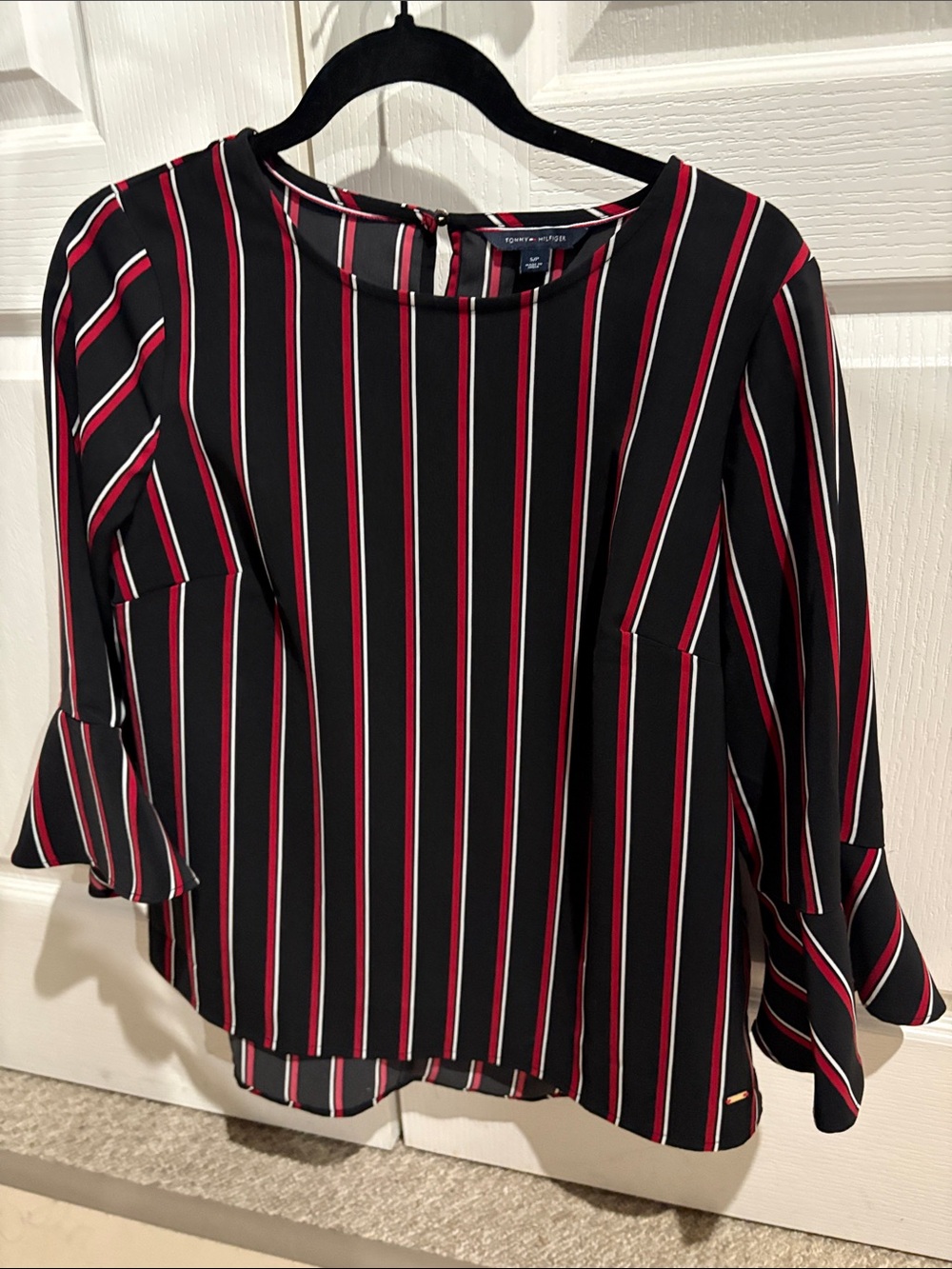 Tommy Hilfiger Black Blouse with Red and White Stripes